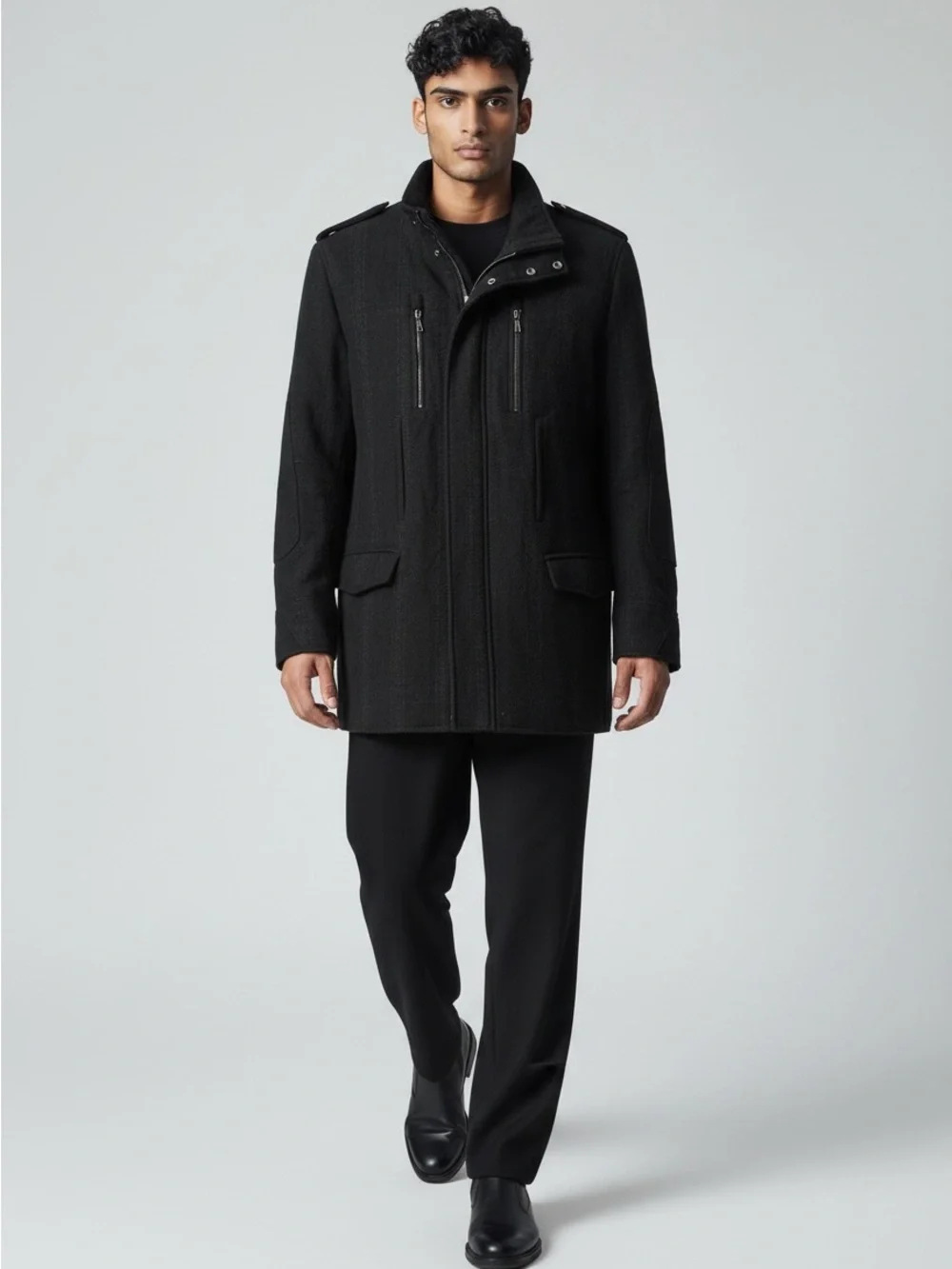 Elie Tahari Men Black Wool Car Coat Jacket Size Large Full Zip Military Epaulets
